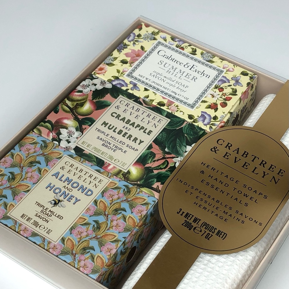 Crabtree & Evelyn Gift Set Heritage Soaps Hand Towel Summer Hill, Crabapple +NEW